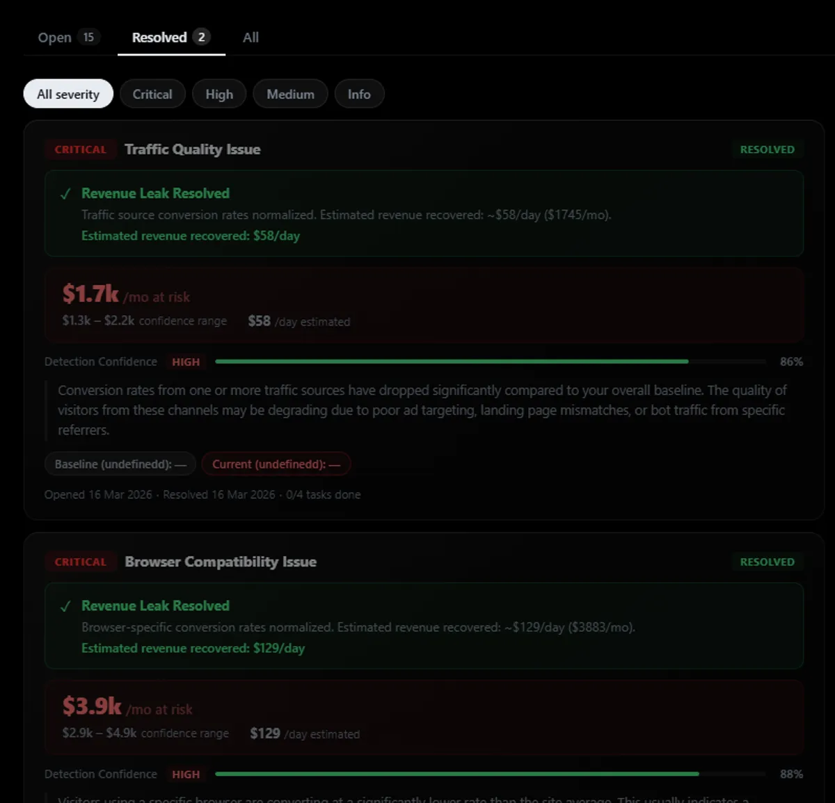 Resolved Incidents — fixed and recovered